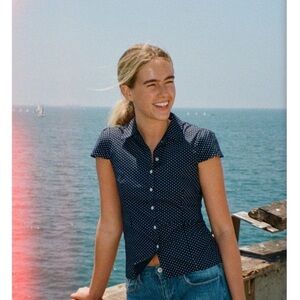 NEW without tag. Brandy Melville Dark Blue Polka Dot Button Down Shirt